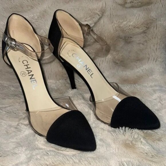 CHANEL Black & Transparent Ankle Strap Heels Size 37.5/ US 7 Made In Italy - Picture 1 of 14